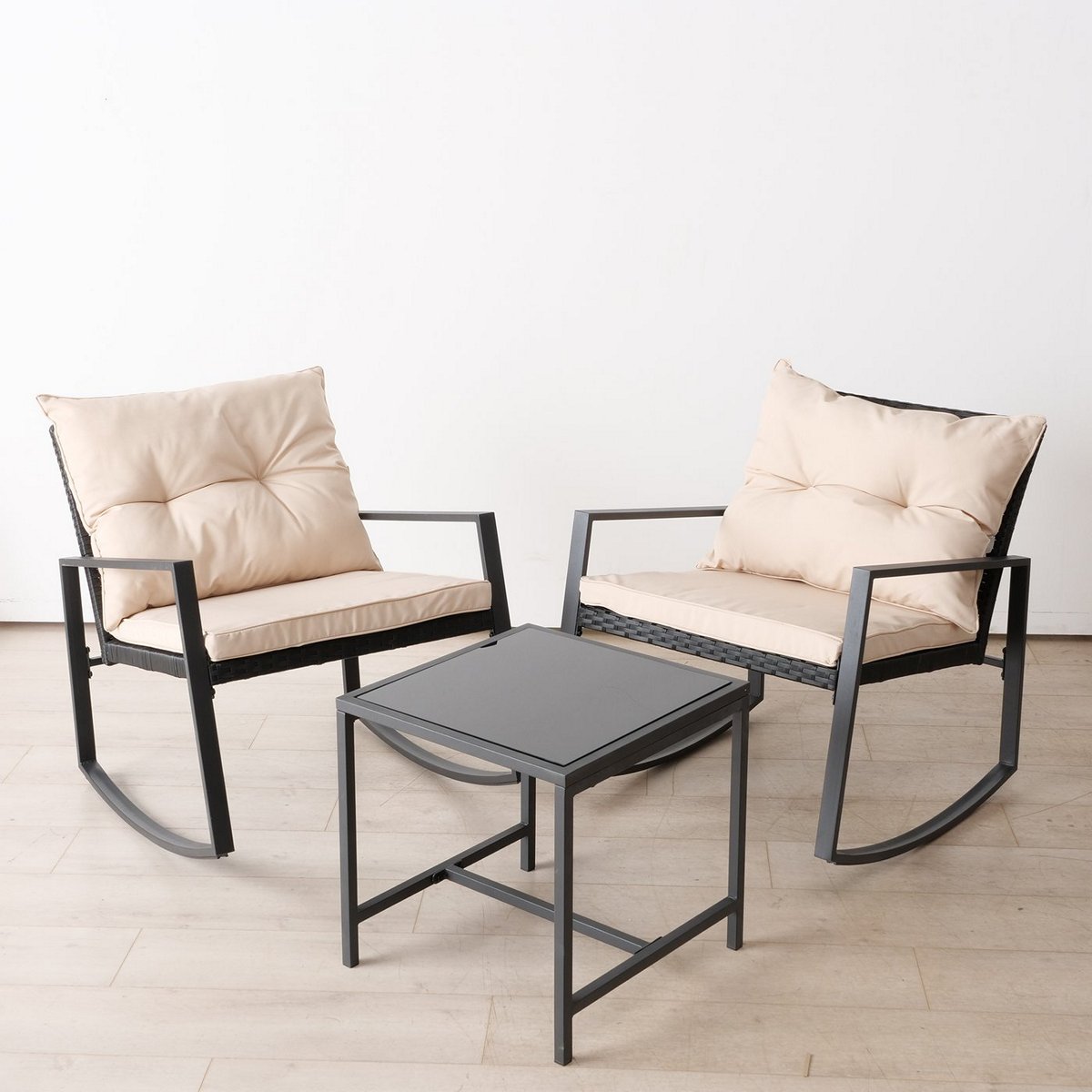 ΣΕΤ ΚΗΠΟΥ Solemio Set/3, 2 ΚΑΡΕΚΛΕΣ Η71Χ63cm -ΤΡΑΠΕΖΙ 47Χ47Χ47cm με ΜΑΞΙΛΑΡΙΑ ΕΚΡΟΥ ΜΕΤΑΛΛΟ Rattan ΜΑΥΡΟ