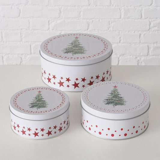 ΚΟΥΤΙ ΑΠΟΘΗΚ Set/3 ΣΧΕΔΙΟ ΧΡΙΣΤΟΥΓ ΔΕΝΤΡΟ D14/16/20 cm  H 6/6,5/9cm Delica ΛΕΥΚΟ ΠΡΑΣΙΝΟ ΜΕΤΑΛΛΙΚΟ