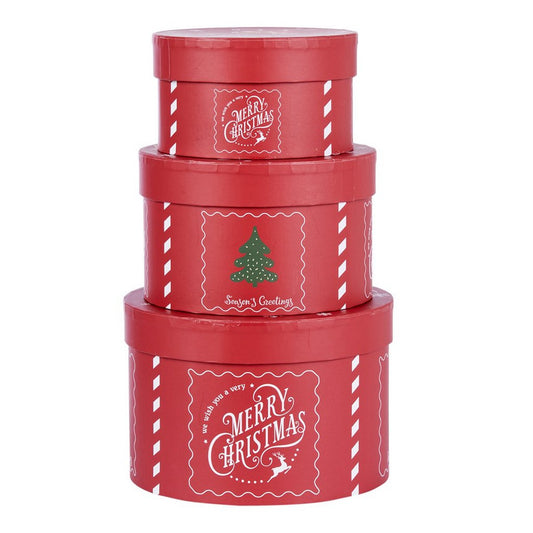 ΚΟΥΤΙ set/3 ΣΤΡΟΓΓΥΛΟ ΚΟΚΚΙΝΟ MERRY CHRISTMAS ΧΑΡΤΙ H7 D12,3cm, H9 D14,2,  H11 D16,2cm