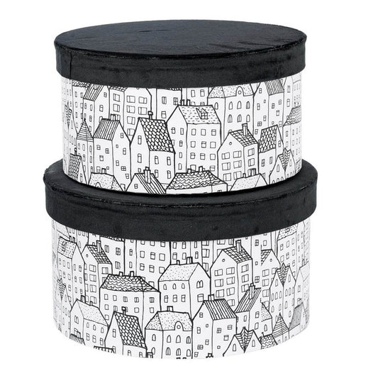 ΚΟΥΤΙ Set/2 ΣΤΡΟΓΓΥΛΟ ΜΑΥΡΟ ΒΕΛΟΥΔΟ ΛΕΥΚΟ ΜΕ ΣΠΙΤΑΚΙΑ  D25-Η14,5cm,  D27,5-H16cm