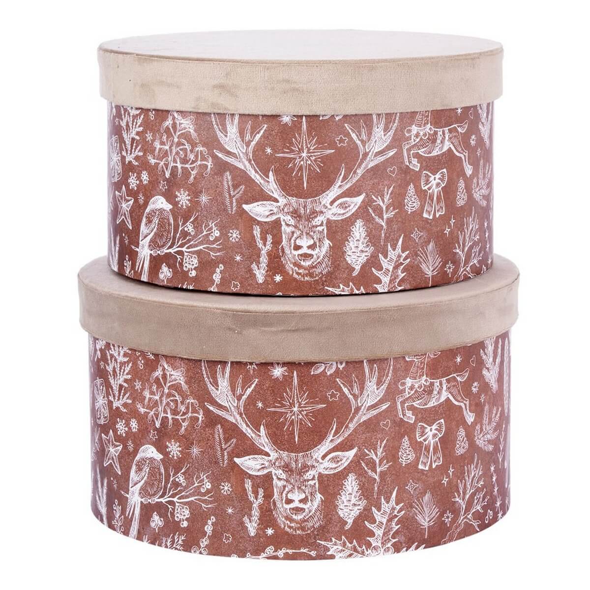 ΚΟΥΤΙ Set/2 ΣΤΡΟΓΓΥΛΟ  ΜΠΕΖ ΒΕΛΟΥΔΟ ΚΑΦΕ ΤΑΡΑΝΔΟΣ / ΚΟΥΚΟΥΝΑΡΙΑ  D16-H19cm, D23-H25cm