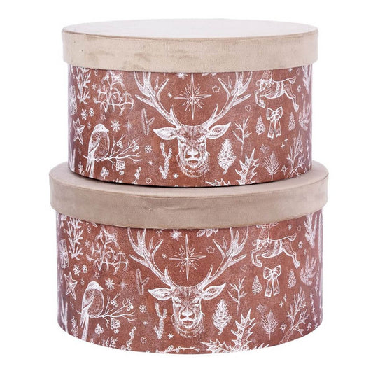 ΚΟΥΤΙ Set/2 ΣΤΡΟΓΓΥΛΟ  ΜΠΕΖ ΒΕΛΟΥΔΟ ΚΑΦΕ ΤΑΡΑΝΔΟΣ / ΚΟΥΚΟΥΝΑΡΙΑ  D16-H19cm, D23-H25cm