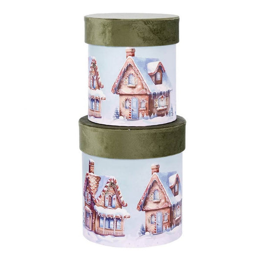 ΚΟΥΤΙ Set/2 ΚΥΛΙΝΔΡΙΚΟ ΠΡΑΣΙΝΟ ΒΕΛΟΥΔΟ  ΓΑΛΑΖΙΟ ΜΕ ΜΕ ΣΠΙΤΙΑ  D16-Η19cm,  D18,5-H21cm