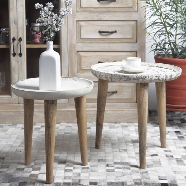 Σετ δύο ξύλινα, στρογγυλά, λευκά τραπεζάκια 45x45εκ και 38x41εκ 78603