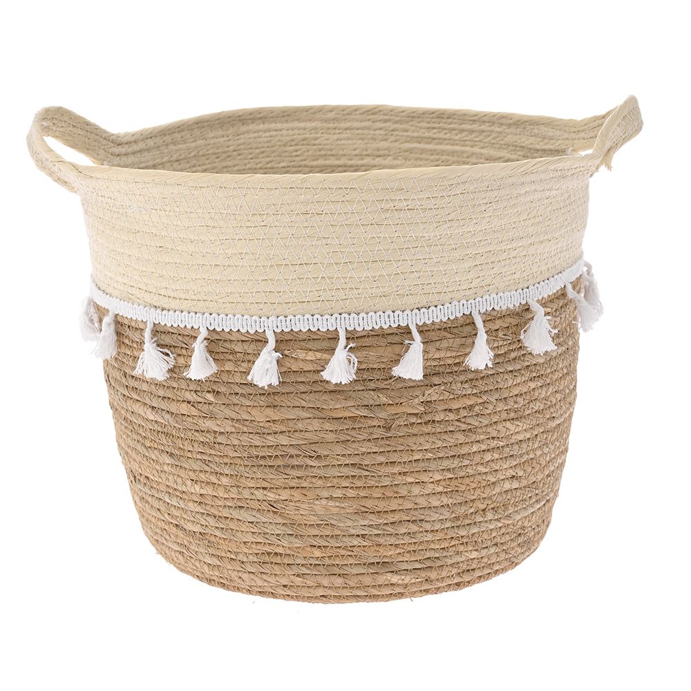 Μελί / Κρεμ βαθύ ψάθινο καλάθι με φουντάκια 30x30x26εκ 80862