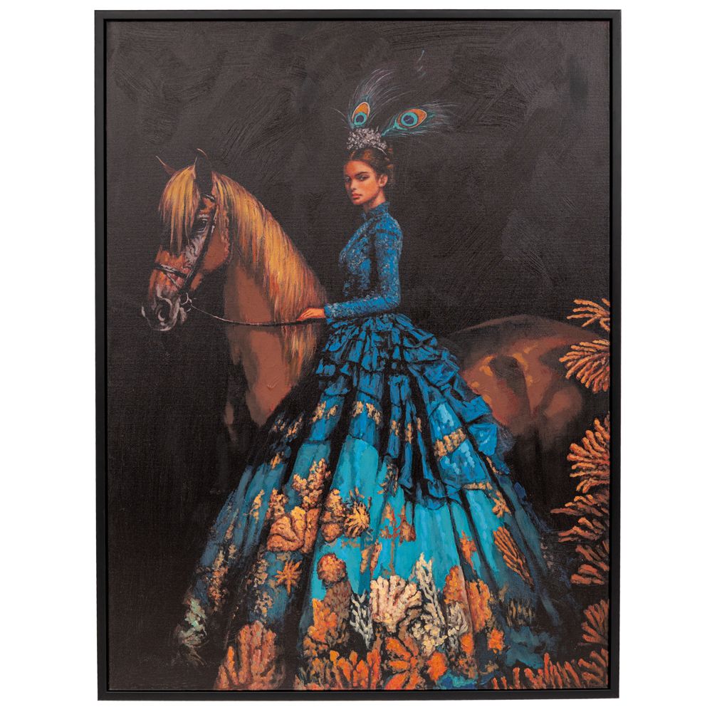 ΠΙΝΑΚΑΣ ΧΕΙΡΟΠΟΙΗΤΟΣ ΜΕ ΓΥΝΑΙΚΑ ΚΑΙ ΑΛΟΓΟ ΣΕ ΜΑΥΡΗ ΚΟΡΝΙΖΑ 94Χ124ΕΚ (90Χ120)