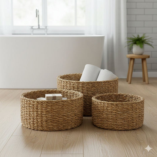 ΚΑΛΑΘΙ  Set/3 ΨΑΘΙΝΟ ΦΥΣΙΚΟ Sophy Round H8/10/12cm, D20/25/30cm Seagrass