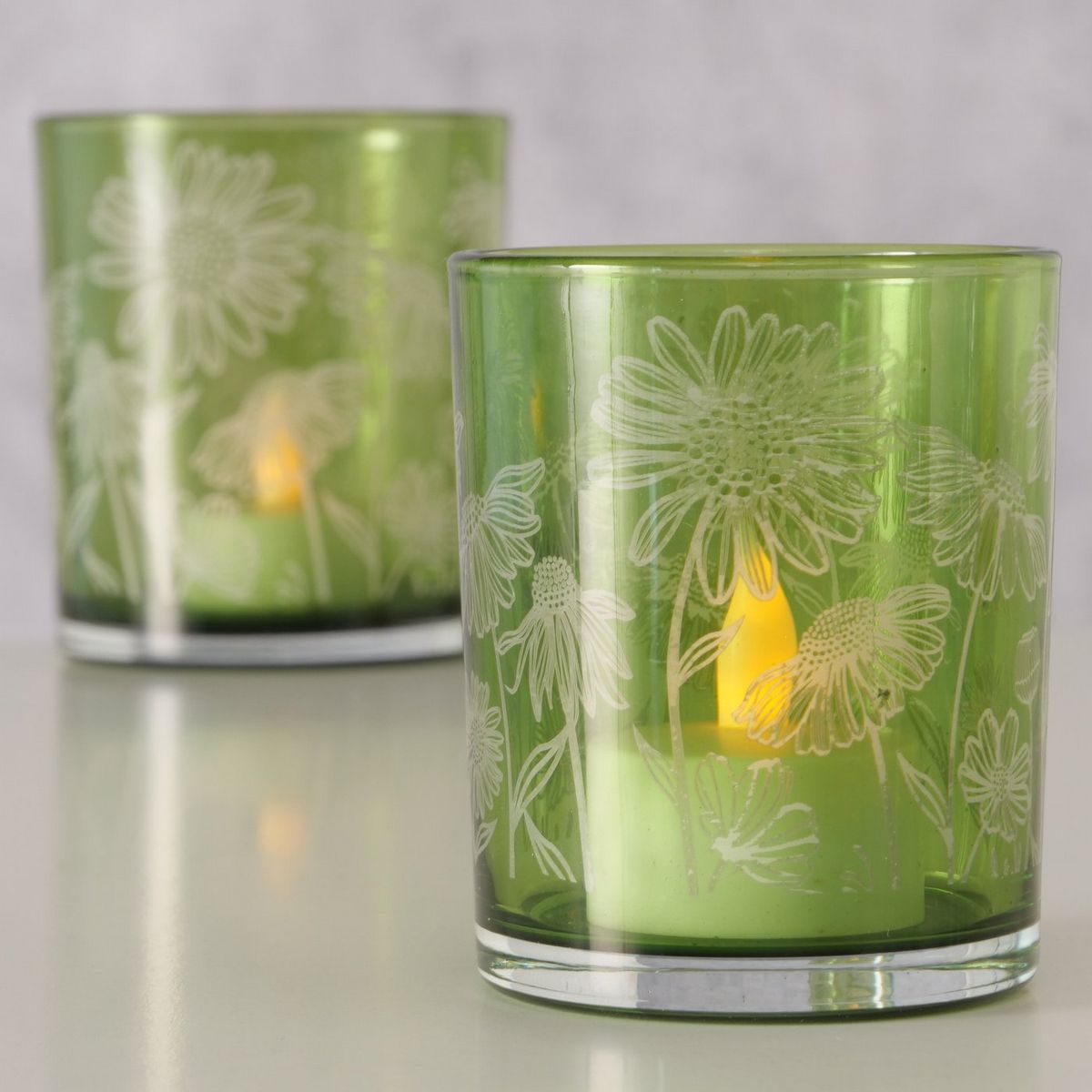 ΚΗΡΟΠΗΓΙΟ Set/2 H9/10cm, D7/9cm Gardo, ΠΡΑΣΙΝΟ ΓΥΑΛΙ lacquered,Floral