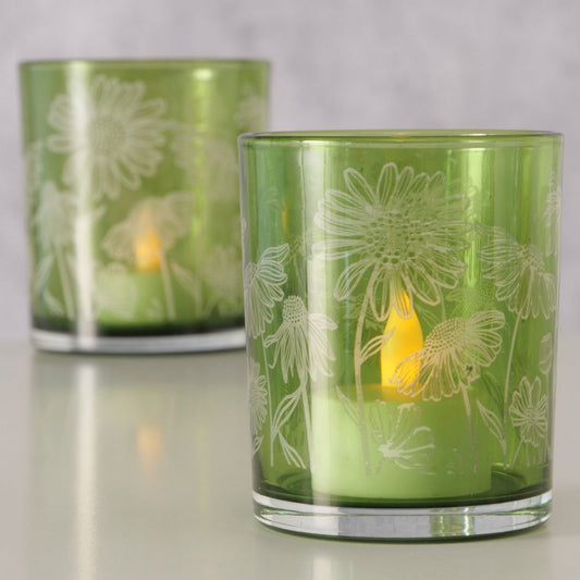 ΚΗΡΟΠΗΓΙΟ Set/2 H9/10cm, D7/9cm Gardo, ΠΡΑΣΙΝΟ ΓΥΑΛΙ lacquered,Floral