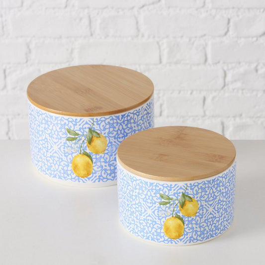 ΔΟΧΕΙΟ Set/2  ΑΠΟΘΗΚΕΥΣΗΣ ΣΧΕΔΙΟ Capri ΛΕΜΟΝΙΑ ΜΠΛΕ ΚΙΤΡΙΝΟ H9/10cm, D13/16cm ΚΑΠΑΚΙ Bamboo ΜΕ ΣΙΛΙΚΟΝΗ ΚΕΡΑΜΙΚΟ