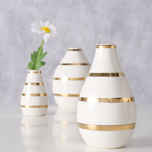 BAZO Oro ΣΥΣΚΕΥΑΣΙΑ 3τμχ H12cm D9cm ΛΕΥΚΟ ΧΡΥΣΗ ΡΙΓΑ ΚΕΡΑΜΙΚΟ