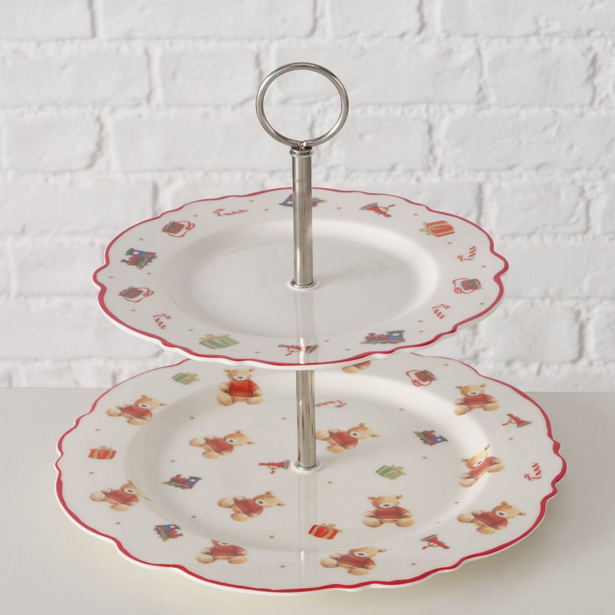 ΠΙΑΤΕΛΑ ΔΙΠΛΗ ΑΡΚΟΥΔΑΚΙΑ Bailey ΚΑΦΕ ΚΟΚΚΙΝΟ ΛΕΥΚΟ H23,5cm D27cm New Bone ΠΟΡΣΕΛΑΝΗ