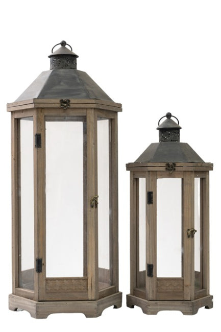 Ξύλινα Φανάρια Πολυγωνικά Καφέ Σετ 2  33x29.5x77cm και 25x22x53cm  24.17.49790