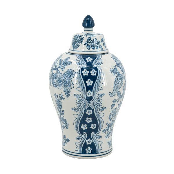 Melania Διακοσμητικό Βάζο Δοχείο με Καπάκι Πορσελάνη Άσπρο Μπλε (18x18x32)cm