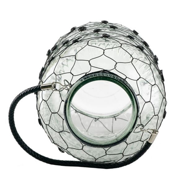 Clear Διάφανο Γυάλινο Βάζο Φανάρι με Μεταλλικό Πλέγμα (22x22x38)cm