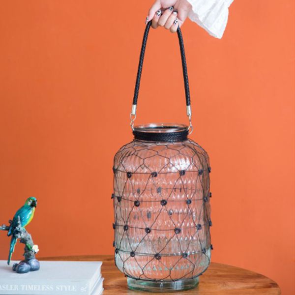 Clear Διάφανο Γυάλινο Βάζο Φανάρι με Μεταλλικό Πλέγμα (22x22x38)cm