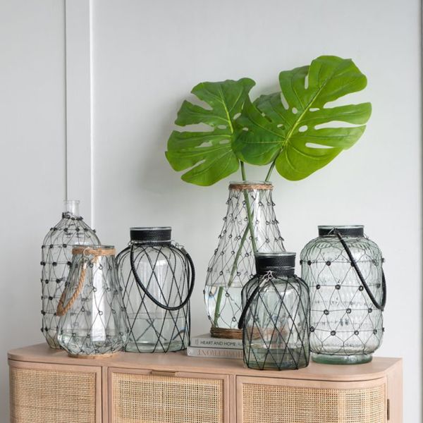 Clear Διάφανο Γυάλινο Βάζο Φανάρι με Μεταλλικό Πλέγμα (22x22x38)cm
