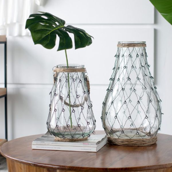 Clear Διάφανο Γυάλινο Βάζο με Μεταλλικό Πλέγμα (26x26x46)cm