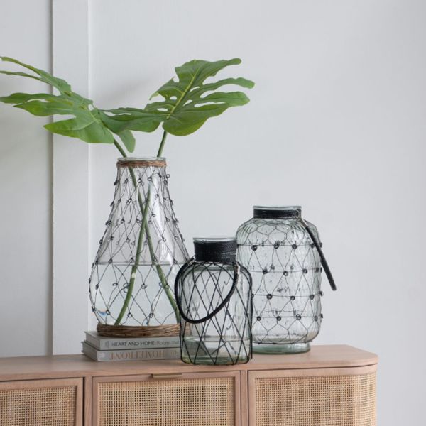 Clear Διάφανο Γυάλινο Βάζο με Μεταλλικό Πλέγμα (26x26x46)cm