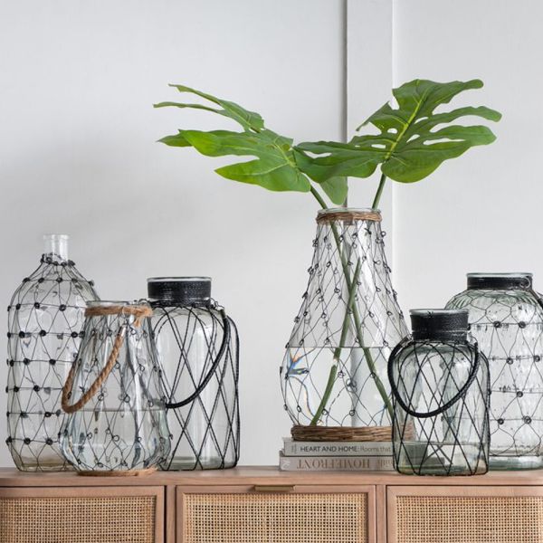 Clear Διάφανο Γυάλινο Βάζο με Μεταλλικό Πλέγμα (26x26x46)cm