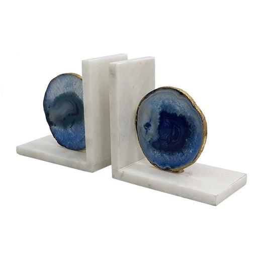 Artekko Agate Βιβλιοστάτης με Αχάτη Μάρμαρο Μπλε Χρυσό (14x8x14)cm Σετ/2          82956-BLUE-SA