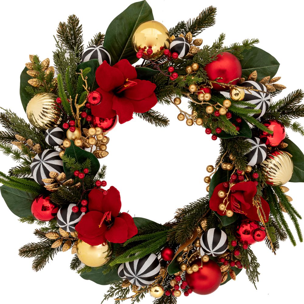  ΚΟΚΚΙΝΟ ΣΤΕΦΑΝΙ ΜΕ ΤΕΧΝΗΤΑ ΑΝΘΗ ΚΑΙ ΚΟΚΚΙΝΕΣ ΜΠΑΛΕΣ 61Χ61Χ17ΕΚ