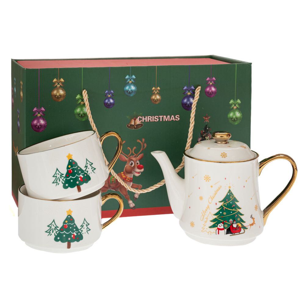  ΣΕΤ 3 ΚΕΡΑΜΙΚΗ ΤΣΑΓΙΕΡΑ ΜΕ 2 ΚΟΥΠΕΣ ΜΕ ΧΡΙΣΤΟΥΓΕΝΝΙΑΤΙΚΟ ΣΚΗΝΙΚΟ  ΣΕ ΚΟΥΤΙ