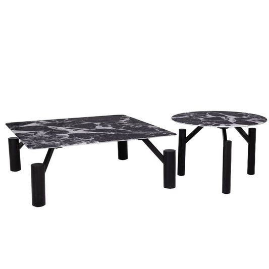 ΣΕΤ 2 ΤΡΑΠΕΖΑΚΙΑ ΜΑΥΡΑ ΜΕΤΑΛΛΙΚΑ 90Χ90Χ35 Φ60Χ42ΕΚ ΜΕ ΜΑΥΡΗ ΜΑΜΑΡΙΝΗ ΕΠΙΦΑΝΕΙΑ