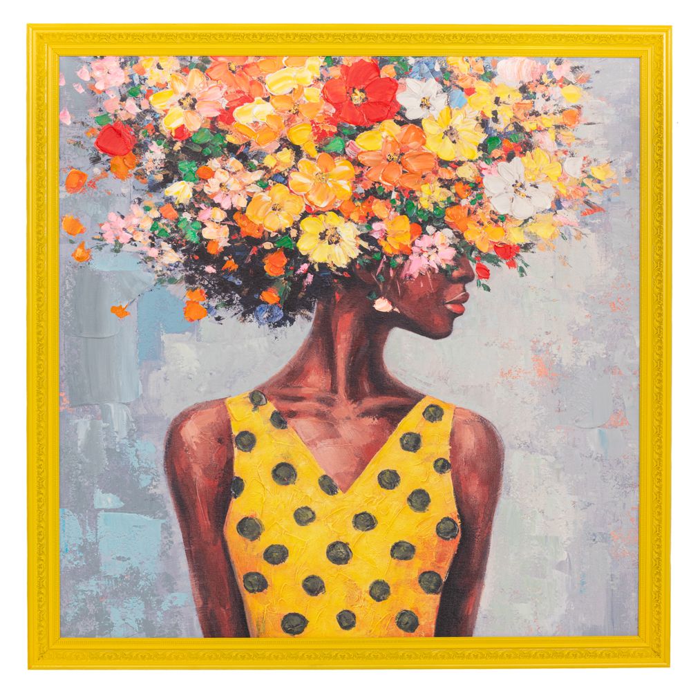 ΠΙΝΑΚΑΣ ΧΕΙΡΟΠΟΙΗΤΟΣ ΜΕ ΓΥΝΑΙΚΑ ΚΑΙ ΛΟΥΛΟΥΔΙΑ ΣΕ ΚΙΤΡΙΝΗ ΚΟΡΝΙΖΑ 88Χ88ΕΚ (80Χ80)